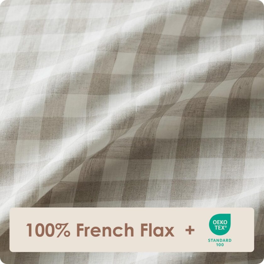 Pure Linen Sheets Set, Gingham Check Plaid 100% Washed Linen Bedding with Envelope Closure, 4 PCs Hypoallergenic Soft Linen Sheets Set, Geometric Checkered Pattern in Beige & White, Queen Size - Image 2