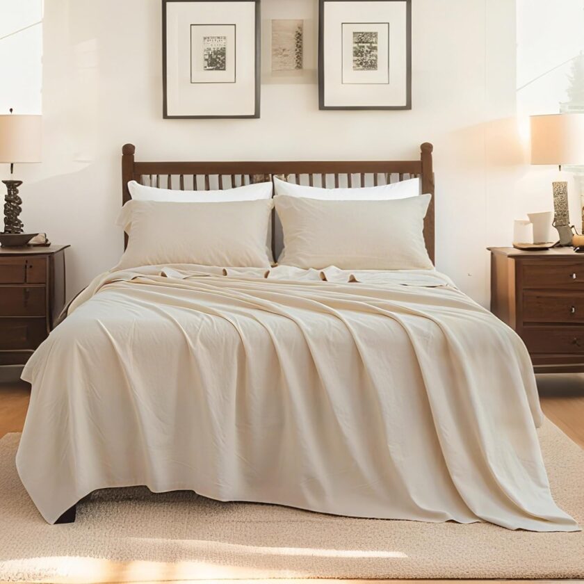 Linen Cotton Sheet Set 4-Piece (1 Flat Sheet, 1 Fitted Sheet & 2 Pillowcases) - Soft, Breathable & Cozy Farmhouse Bedding for Hot Sleepers, Natural Flax Blend - King Size, Linen