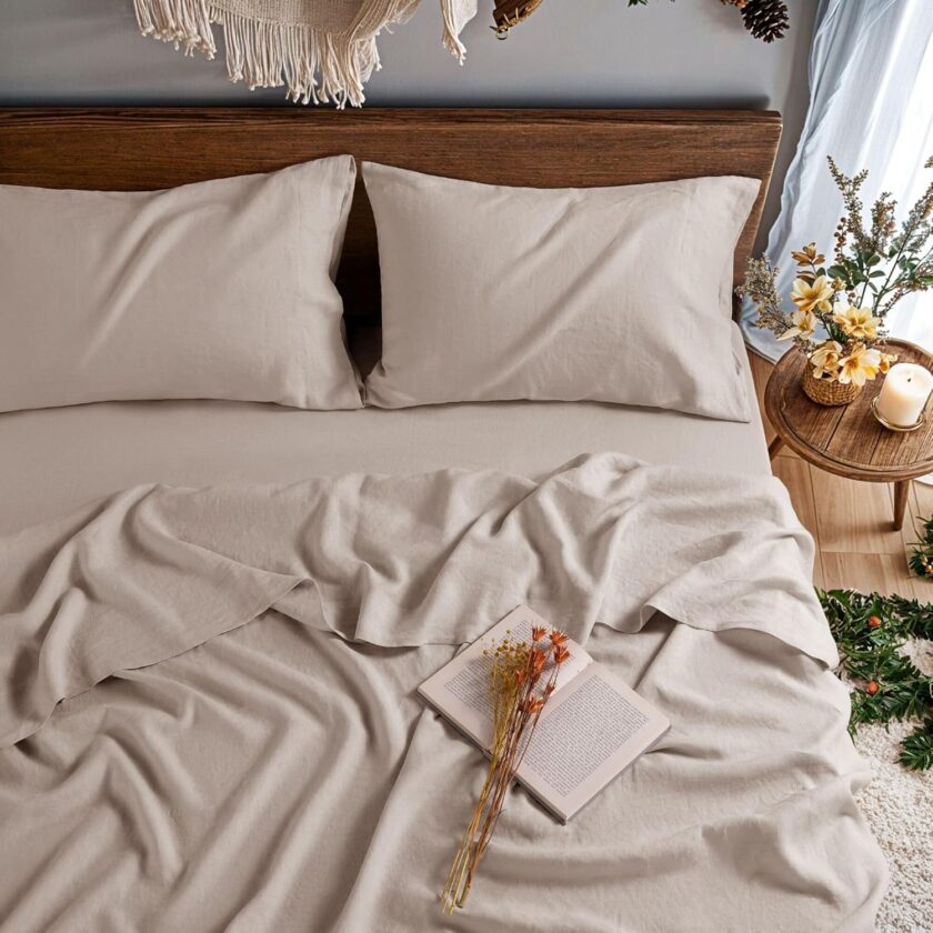 100%  Linen Sheet King Bed Set Luxury 4 pcs Deep Pocket Sheets Up to 16" Bedding Sheet All Season (Linen, King)