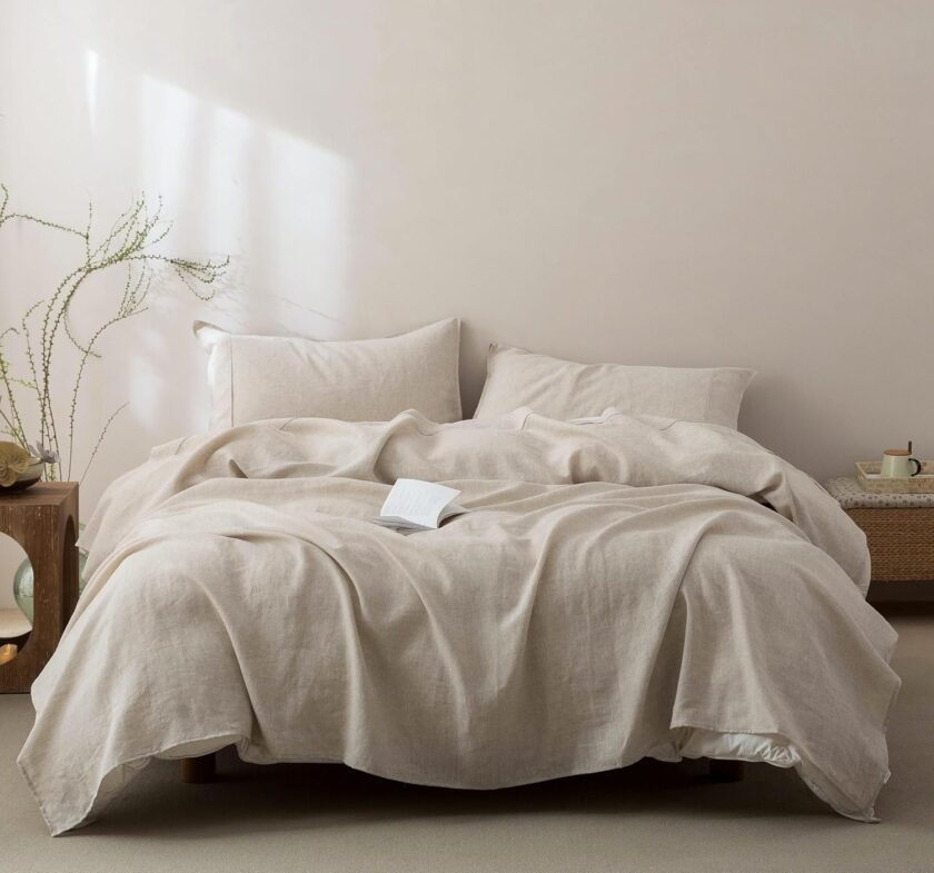 100%  Pure Linen Sheets Set Twin Size,Oeko-TEX Certified Bedding, All-Season Breathable for Hot Sleepers,16 Inch Deep Pocket Machine Washable 3-Piece (Natural Linen)