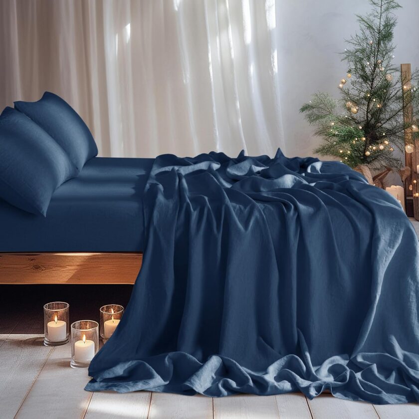 100% Linen Sheet Set 16" Deep Pocket King Size,Bed Sheets 4 Piece Sets,Solid Color Natural Flax Bed Sheets Soft Breathable Bedding, All Season (King, Navy Blue) - Image 2