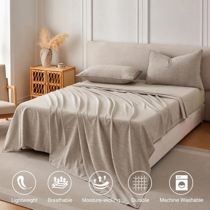 Linen Sheets Queen Size, Stonewashed Linen Cotton Blend Sheets with Slub Texture, Breathable & Soft Cotton Bedsheets, All-Season Comfort, 4 Pieces, Beige - Image 2