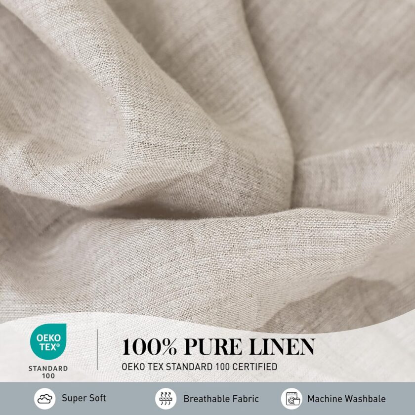 100% Pure Linen Sheet Set King Size, Natural  Flax Solid Color 4 Pcs Washed Breathable, Farmhouse Bedding (1 Flat Sheet,1 Fitted Sheet,2 Pillowcases)-Embroidery Linen - Image 2