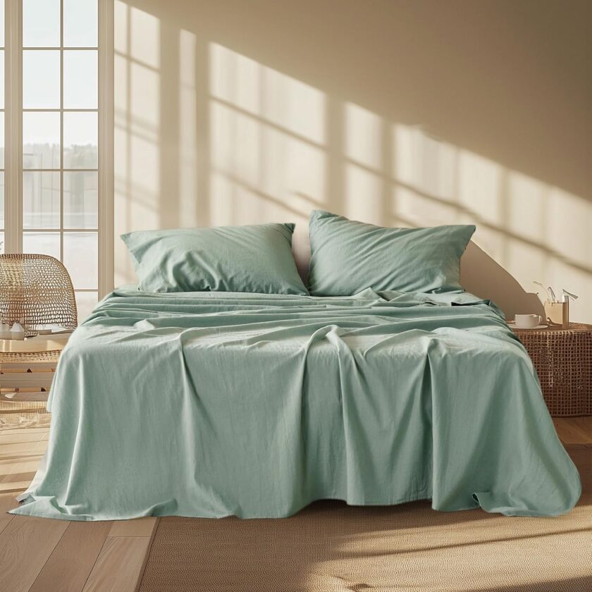 Linen Sheets - Queen Size Bed, Blend from Linen Cotton Bedsheets, Breathable Cotton Bedsheets, Gifts for All Seasons, 4 Pieces, Green