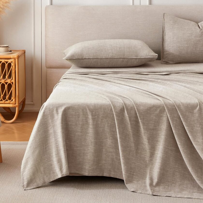 Linen Sheets Queen Size, Stonewashed Linen Cotton Blend Sheets with Slub Texture, Breathable & Soft Cotton Bedsheets, All-Season Comfort, 4 Pieces, Beige