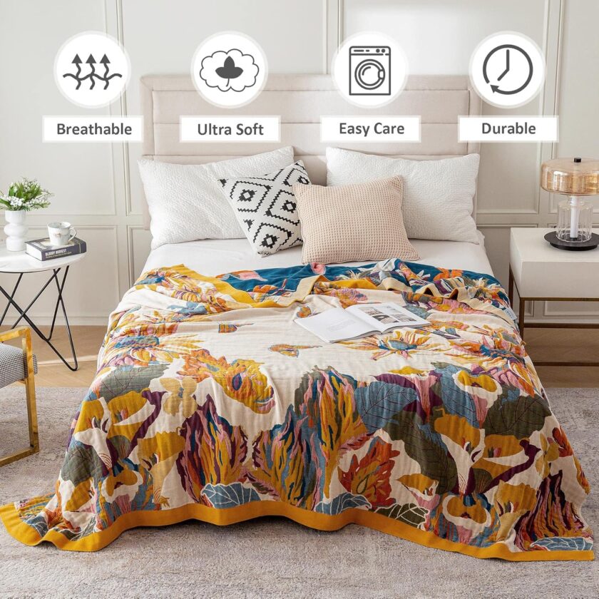 Boho Throw Blanket 100% Cotton Ultra Soft Bed Throw Large Summer Blanket Floral Bird and Butterfly Farmhouse Decor Bed Blankets,60"×80" All Season Blankets for Sofa Couch Chair - Image 2
