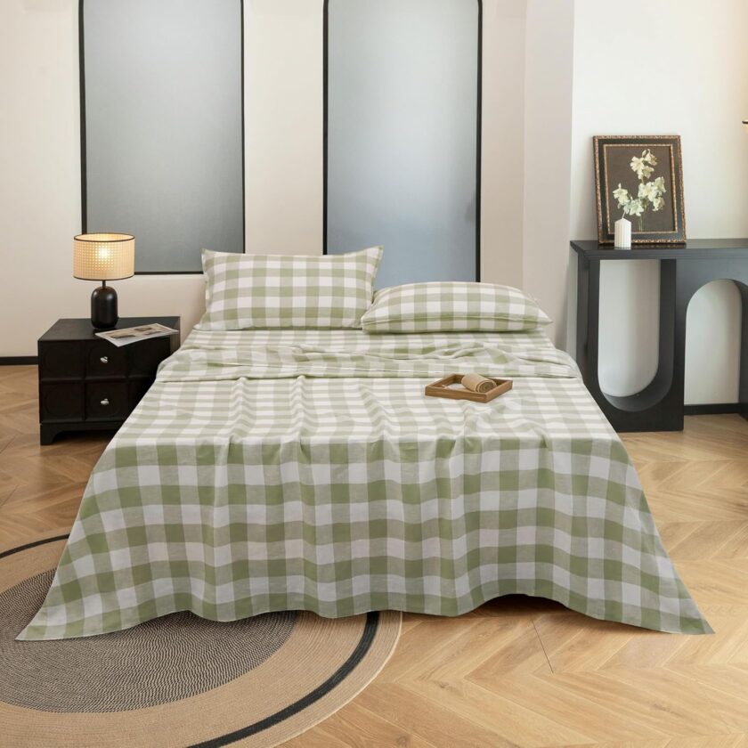 Linen Sheets Set Queen Size,100%  Stonewash Pure Linen Sheets Set,4Pieces (1Flat Sheet,1Fitted Sheet,2Pillowcase) Suitable for Hot Sleepers,Deep Pocket Natural Bedding Set-Green Plaid